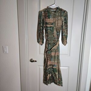 NWOT Ellison Midi Dress Medium w Belt and Inner Slip Geometric Print Green Brown